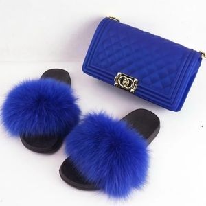Woman Real Fox Fur Slippers Crossbody Purse Set
